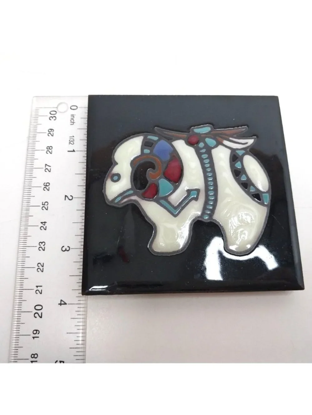 Cleo Teissedre Southwestern Native American Ceramic Tile Sheep Ram Fetish Trivet